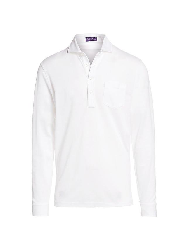 Mens Washed Long-Sleeve Pocket Polo Shirt, White Product Image