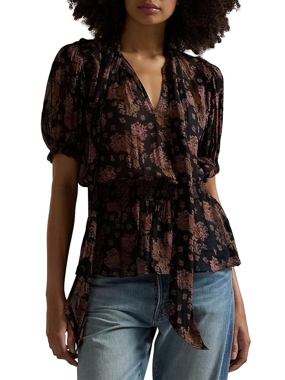 Womens Floral Georgette Tie-Neck Blouse Product Image