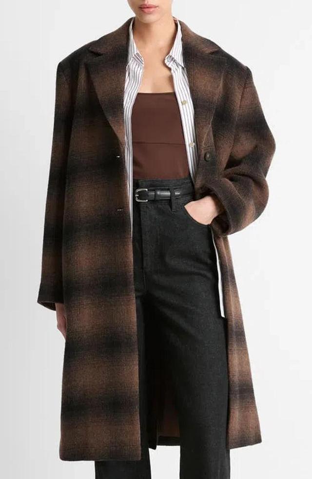 Shadow Plaid Wool-blend Car Coat In Deep Walnut Product Image