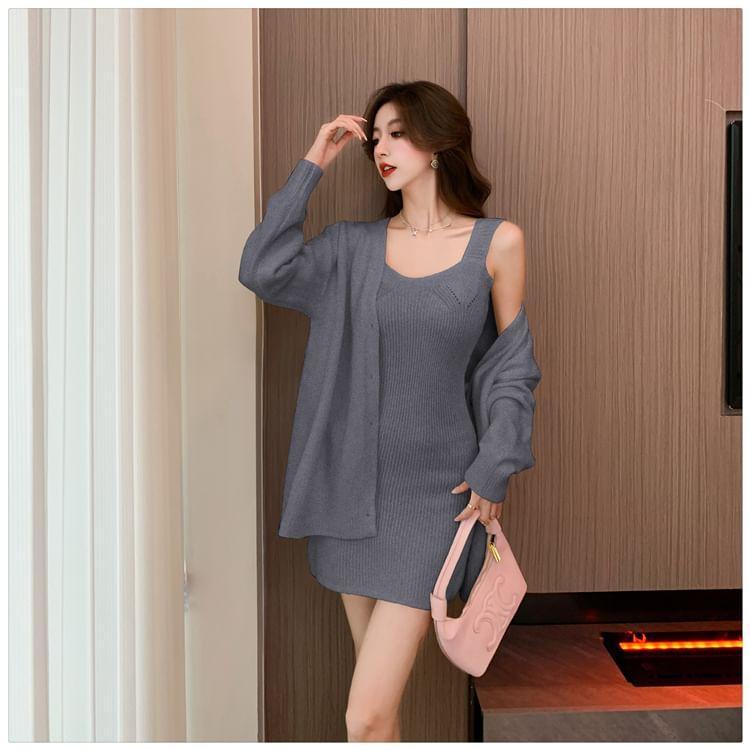 Set: Sleeveless Ribbed Mini Sheath Knit Dress + V-Neck Cardigan Product Image