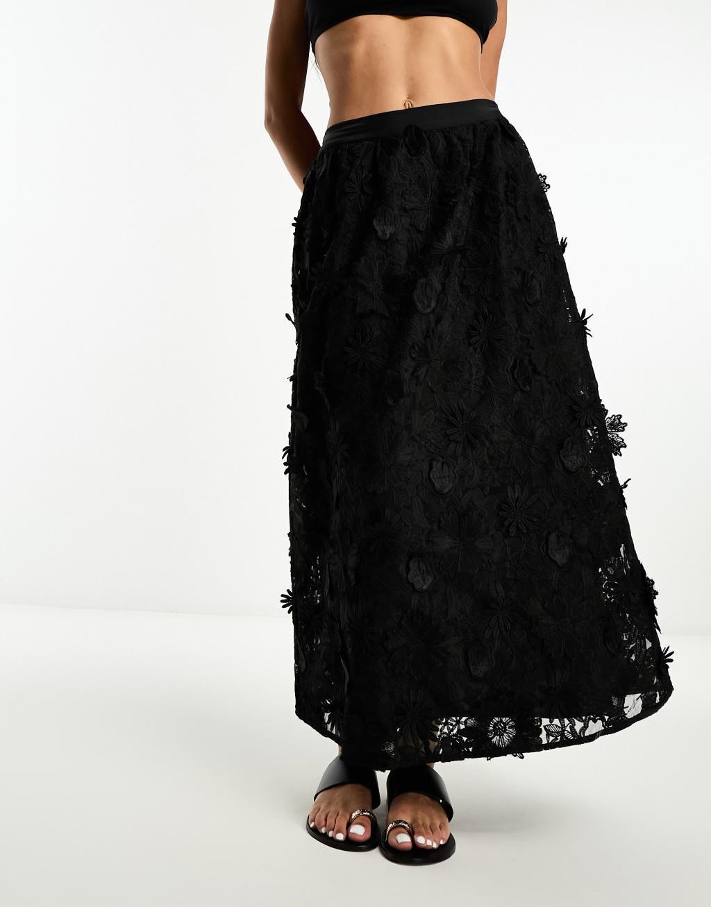 Miss Selfridge 3D floral maxi skirt in black product image