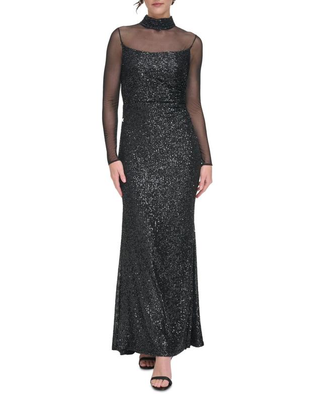 Eliza J Sequin Mesh Lace Long Sleeve Gown Product Image