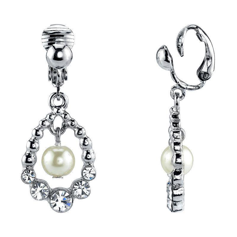 2028 Silver Tone Imitation Pearl and Crystal Clip Drop Earrings Product Image