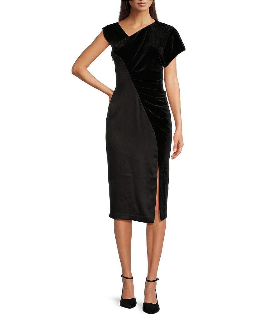 DKNY by Donna Karan Asymmetrical V-Neck One Short Sleeve Sheath Midi Dress Product Image