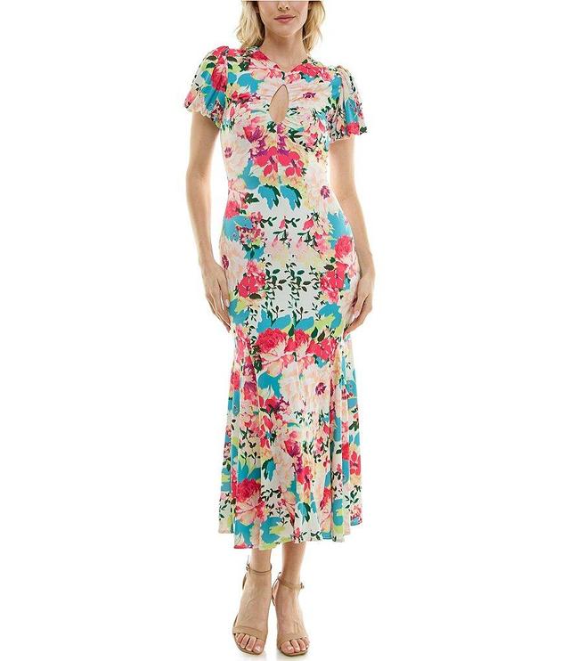 Taylor Stretch Matte Jersey Floral Print Keyhole Neck Short Sleeve Maxi Dress Product Image