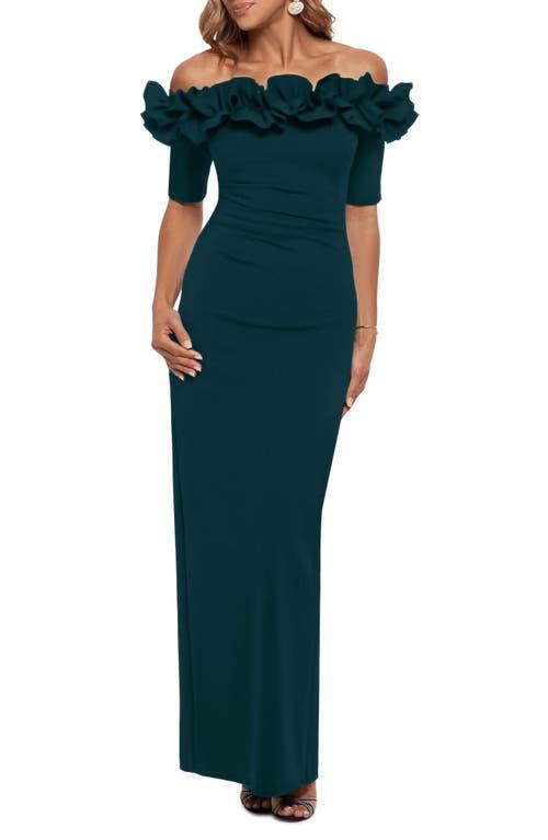 Xscape Evenings Off the Shoulder Ruffle Crepe Trumpet Gown Product Image