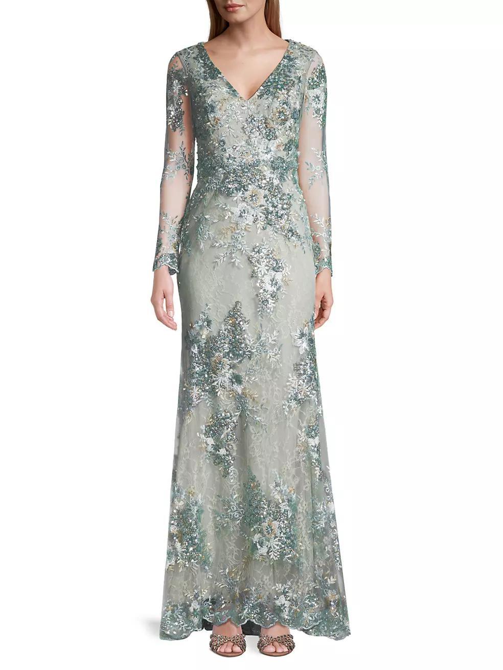 Beaded Lace V-Neck Gown Product Image