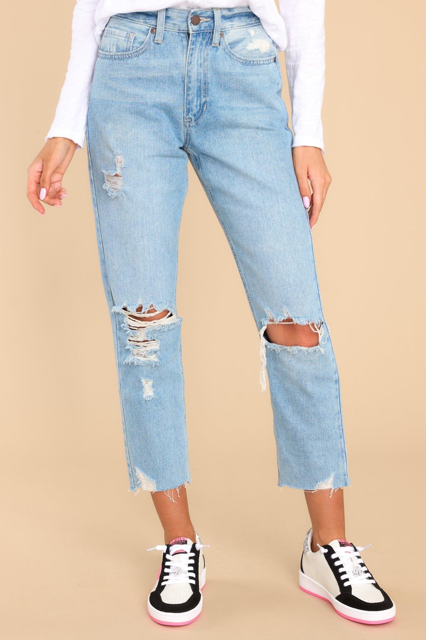 Just USA Heard A Rumor Light Wash Distressed Straight Leg Crop Jeans Blue Product Image