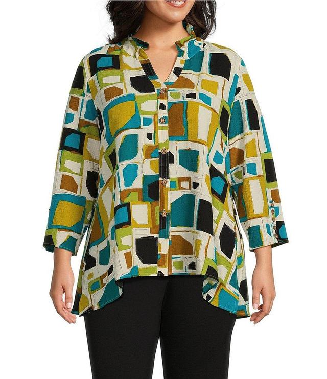 Multiples Plus Size Crinkle Woven Print Point Collar 3/4 Sleeve Button Front Shirt Product Image