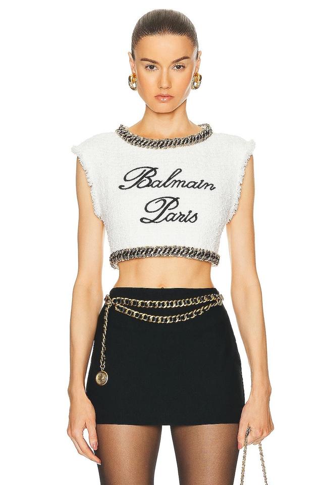 BALMAIN Signature Embroidered Tweed Crop Top White. (also in ). Product Image