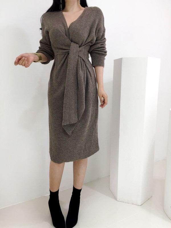 Long Sleeve V-Neck Plain Tie Waist Wrap Midi Sweater Dress Product Image