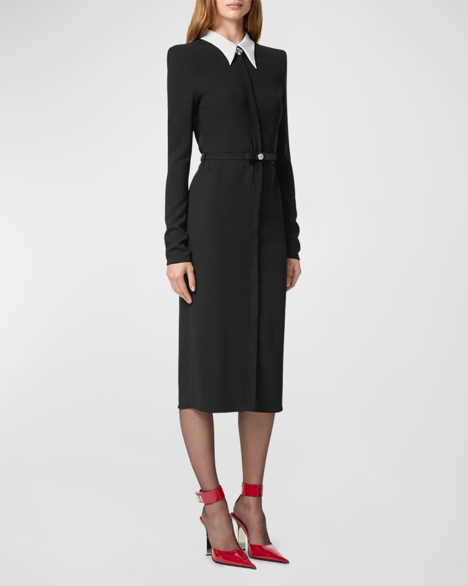 Contrast-Collar Belted Viscose Sable Stretch Midi Shirtdress Product Image