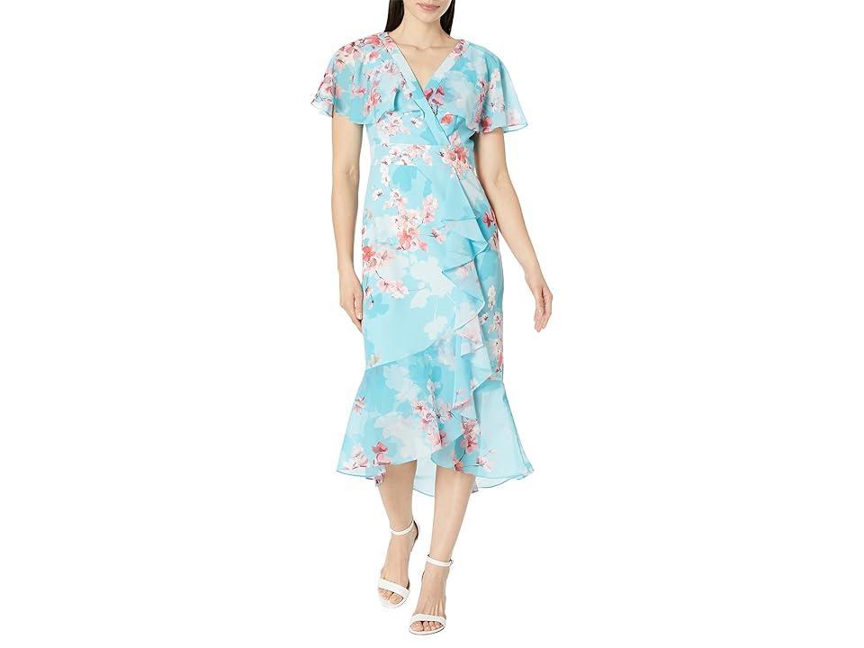 Adrianna Papell Printed Floral Flutter Sleeve Dress with Cascade Ruffle Hem (Aqua Multi) Women's Dress Product Image