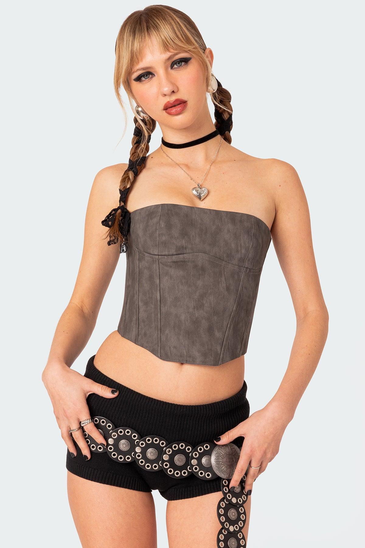 Christa Washed Faux Leather Corset Product Image