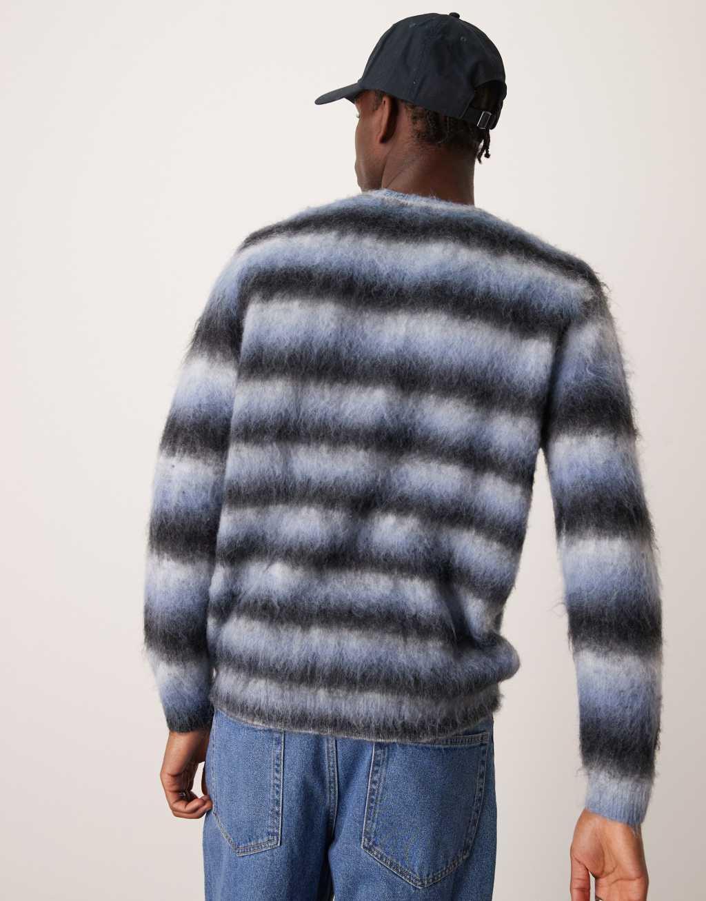 ASOS DESIGN relaxed fluffy knitted sweater in blue stripe Product Image