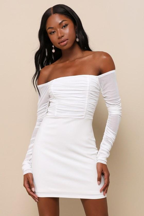 Elegant Eternity White Mesh Ruched Off-the-Shoulder Mini Dress Product Image