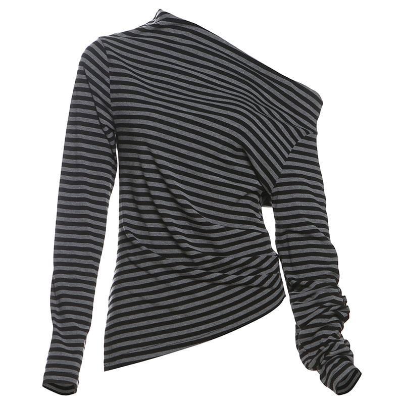 Long Sleeve Cold-Shoulder Striped Slit Slim-Fit Top Product Image