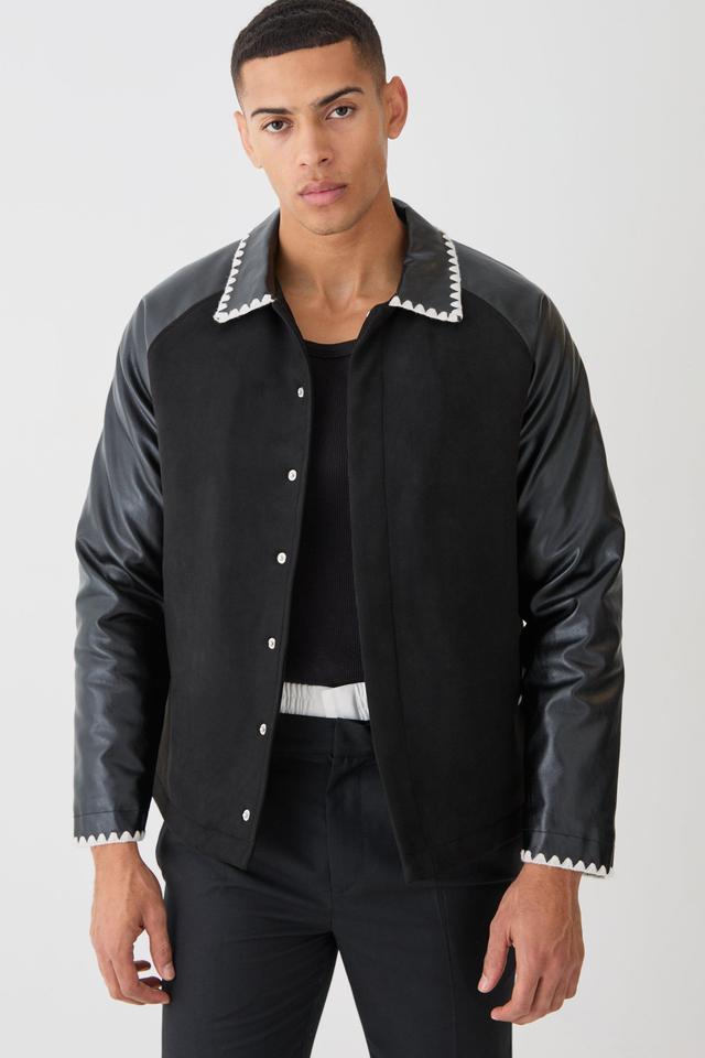 Mens Black Faux Suede And Pu Sleeve Harrington Jacket, Black Product Image