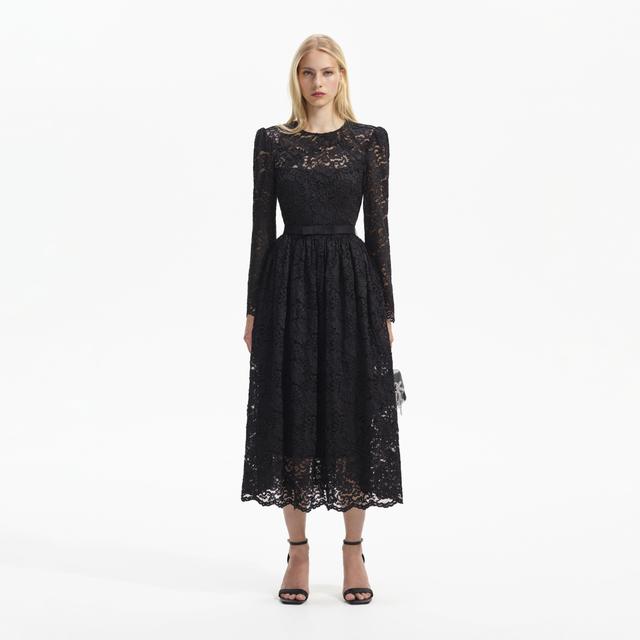 Black Cord Lace Long Sleeve Midi Dress Product Image