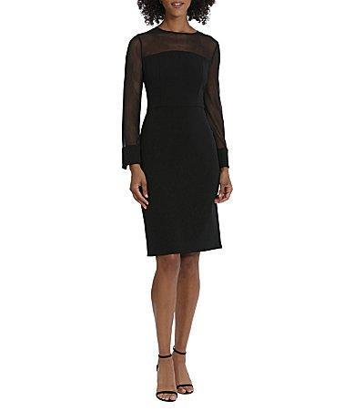 Maggy London Stretch Crepe Illusion Jewel Neckline Long Sleeve Beaded Cuff Sheath Dress Product Image