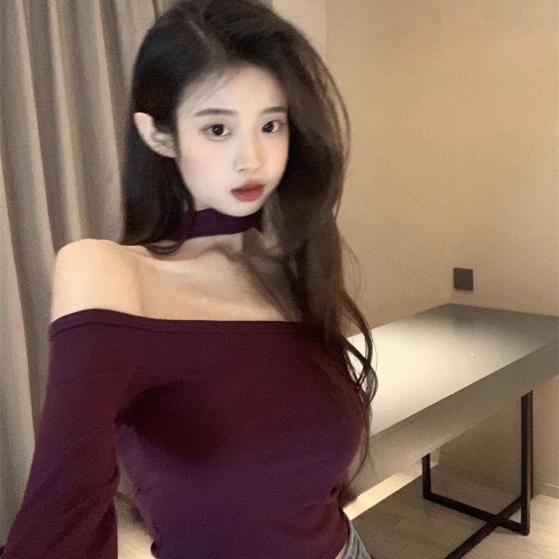 Long Sleeve Cold Shoulder Plain Top Product Image