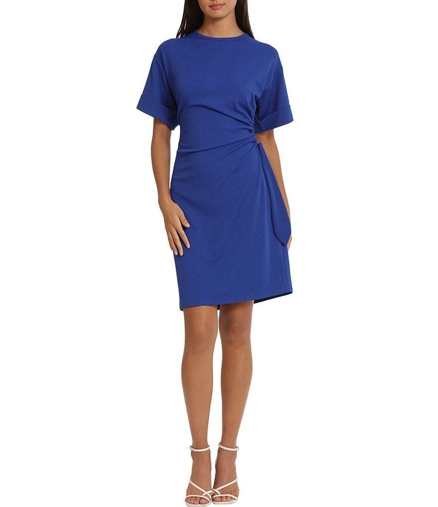 Donna Morgan Stretch Crepe Crew Neckline Short Sleeve Side Tie Dress Product Image