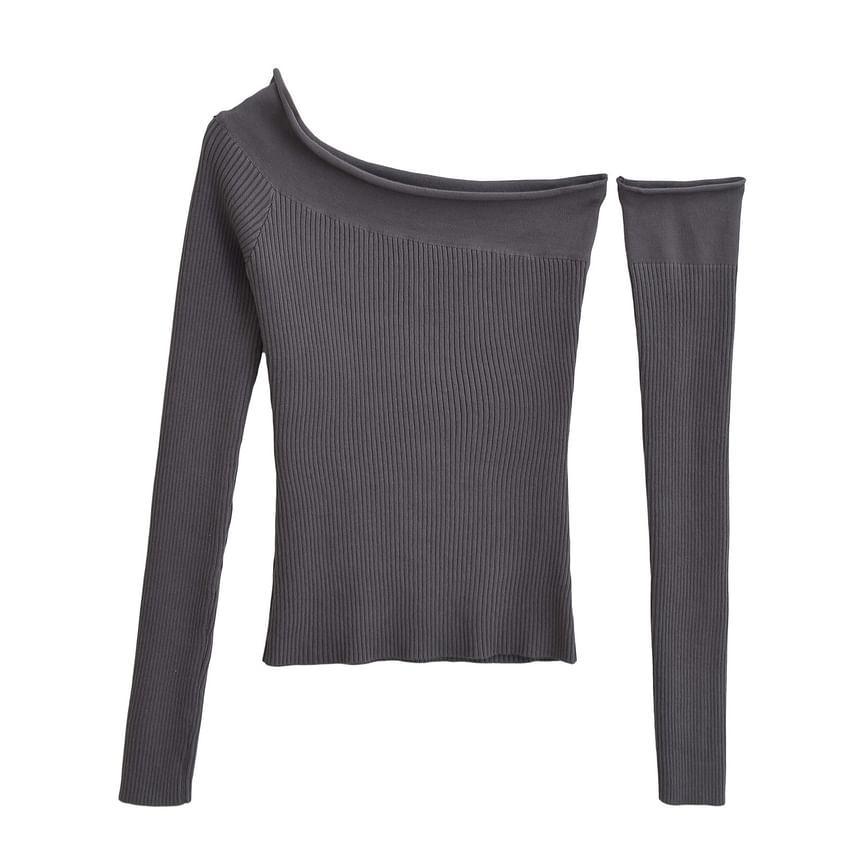 Long-Sleeve Asymmetrical Neck Off-Shoulder Plain Ribbed Knit Top Product Image