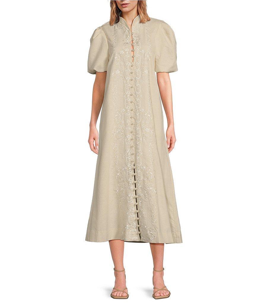 Mestiza New York Elliana Linen Blend Mandarin Collar Puff Sleeve Embroidered Button Front Midi Dress Product Image