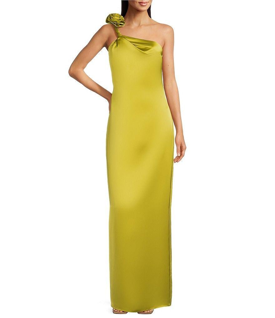 Muse by Marchesa Fleur Satin 3D Rosette Asymmetrical One Side Shoulder Strap Slip Maxi Dress Product Image