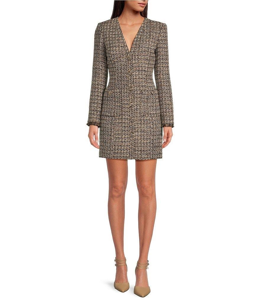 Gianni Bini Dela Tweed V-Neck Long Sleeve Mini Dress Product Image