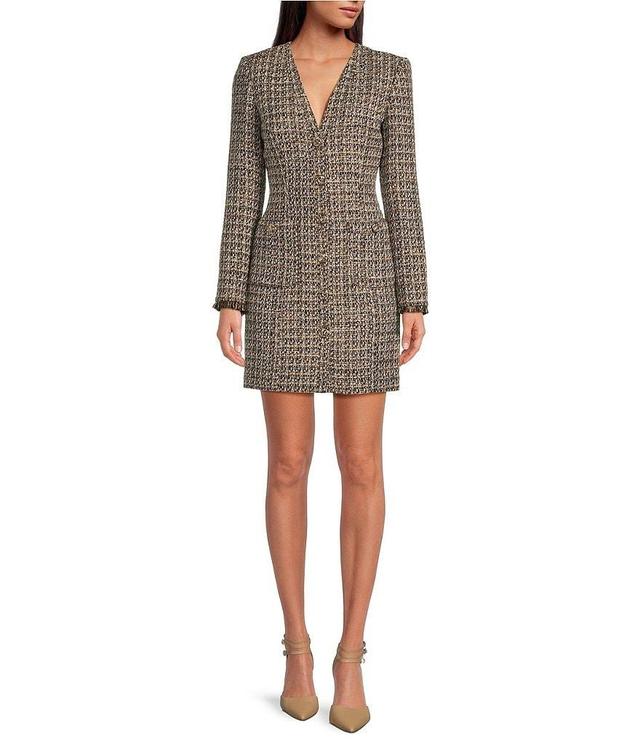 Gianni Bini Dela Tweed V-Neck Long Sleeve Mini Dress Product Image