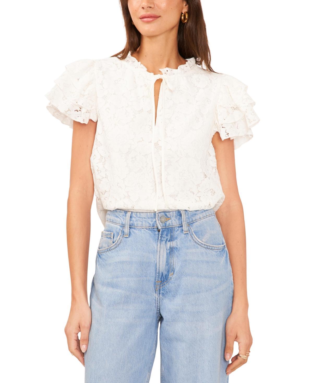 1.state Womens Lace Tie Neck Short Flutter-Sleeve Blouse Product Image