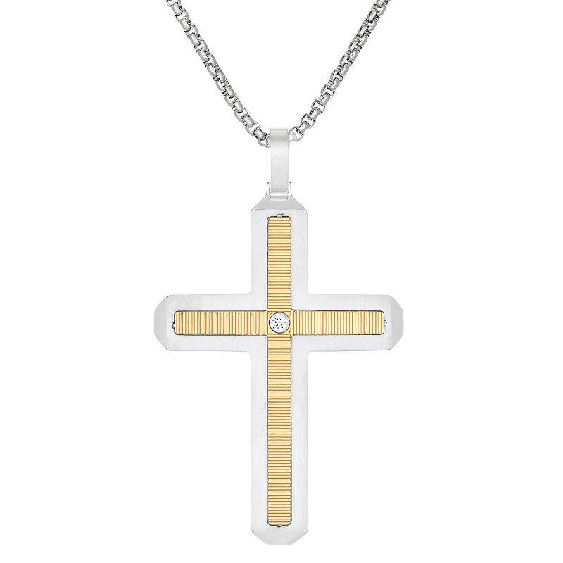 LYNX Mens Two Tone Stainless Steel Cubic Zirconia Cross Pendant Gold Tone Product Image