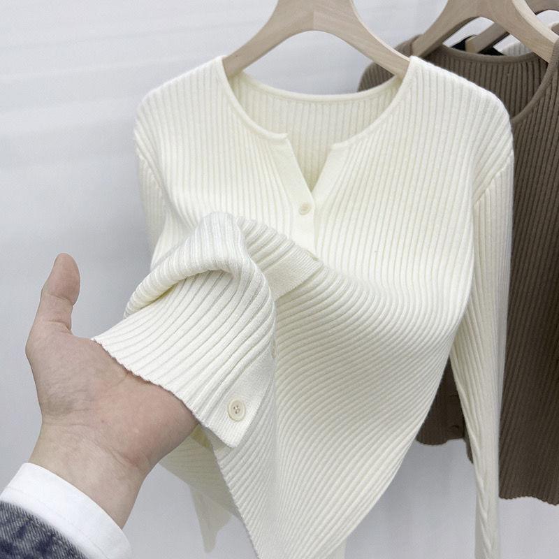 Notch Neck Plain Ribbed Cardigan Product Image