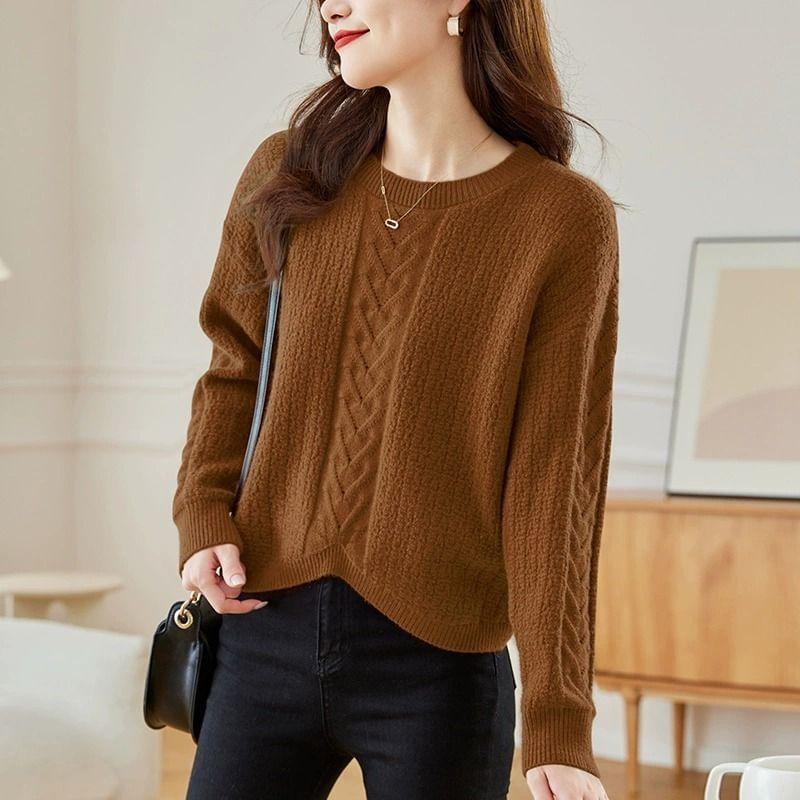 Crew Neck Plain Pointelle Knit Sweater Product Image