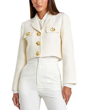 Cropped Tweed Floral Button Jacket In Cream Product Image