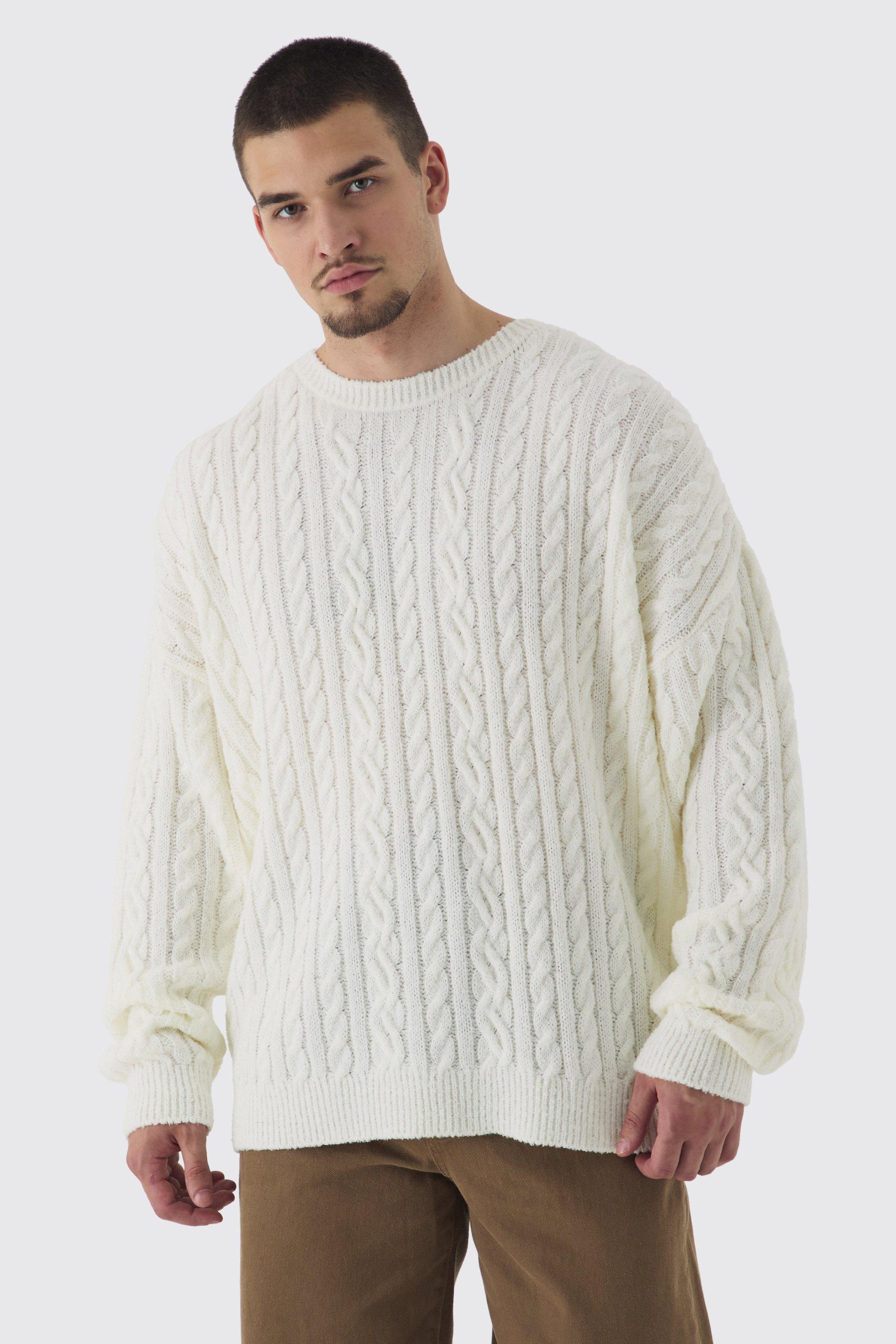 Tall Boucle Cable Knit Boxy Sweater | boohooMAN USA Product Image