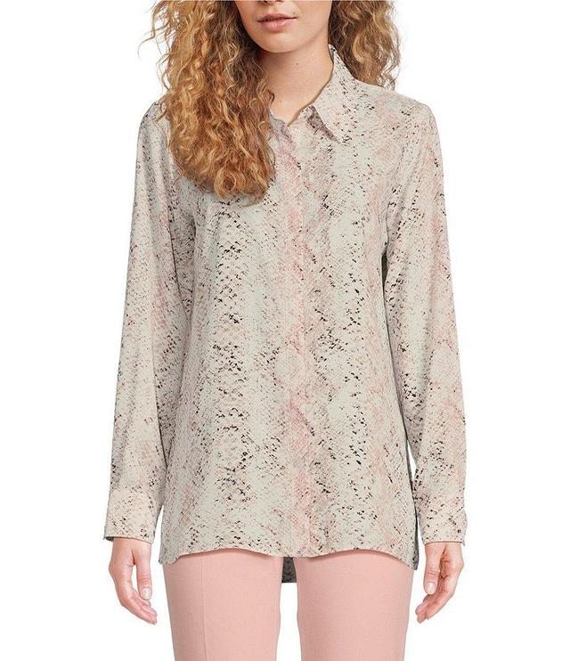 Calvin Klein Printed Collared Neck Long Sleeve Button Down Blouse Product Image