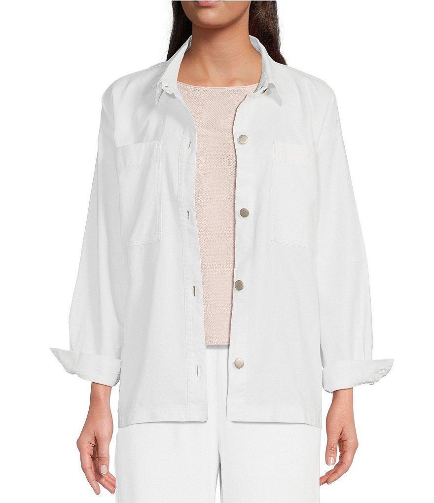 Eileen Fisher Petite Size Textured Organic Cotton Point Collar Long Sleeve Button-Front Boxy Jacket Product Image