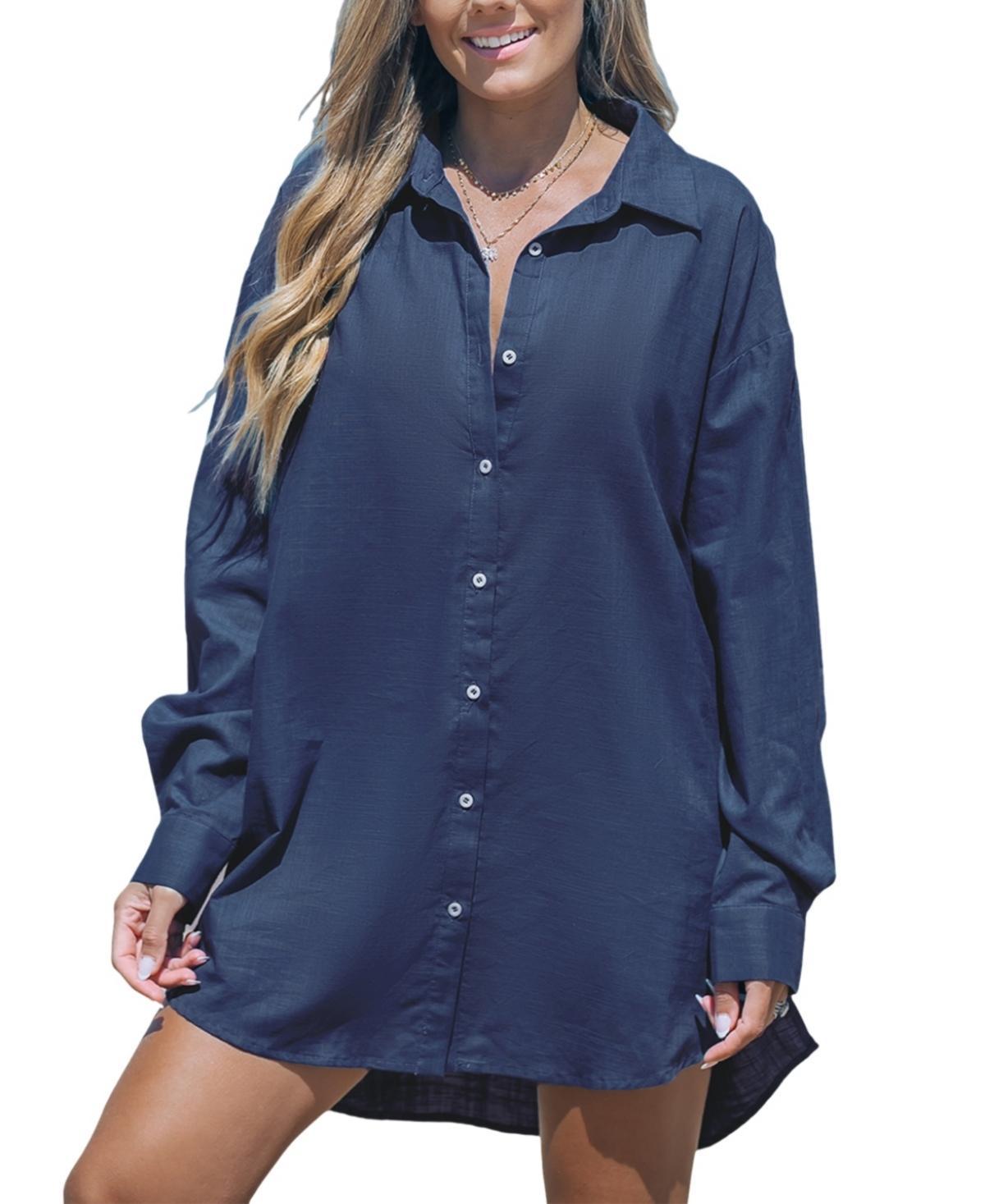 Cupshe Womens Navy Collared Front Button Cover-Up Product Image