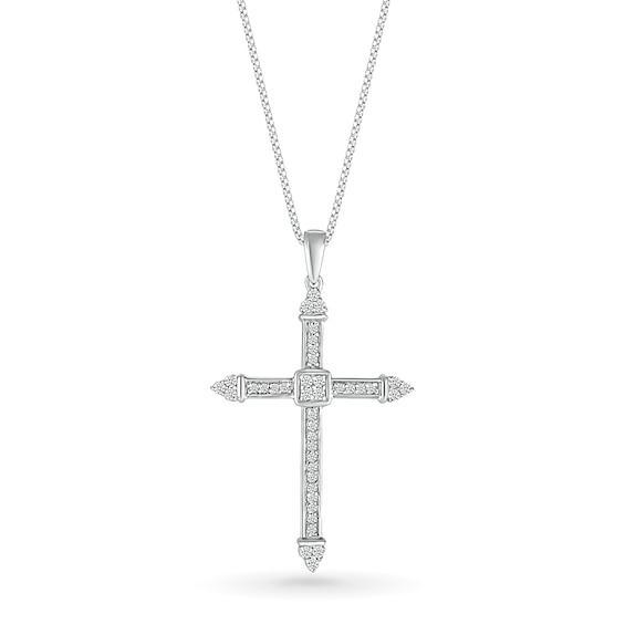 Men's 1/5 CT. T.w. Quad Diamond Tri-Tip Cross Pendant in 10K White Gold - 22" Product Image