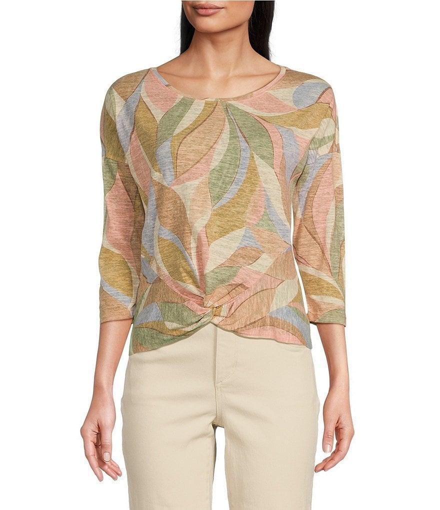 Democracy Palm Print Crew Neck 3/4 Sleeve Twist Front Hem Knit Top Product Image