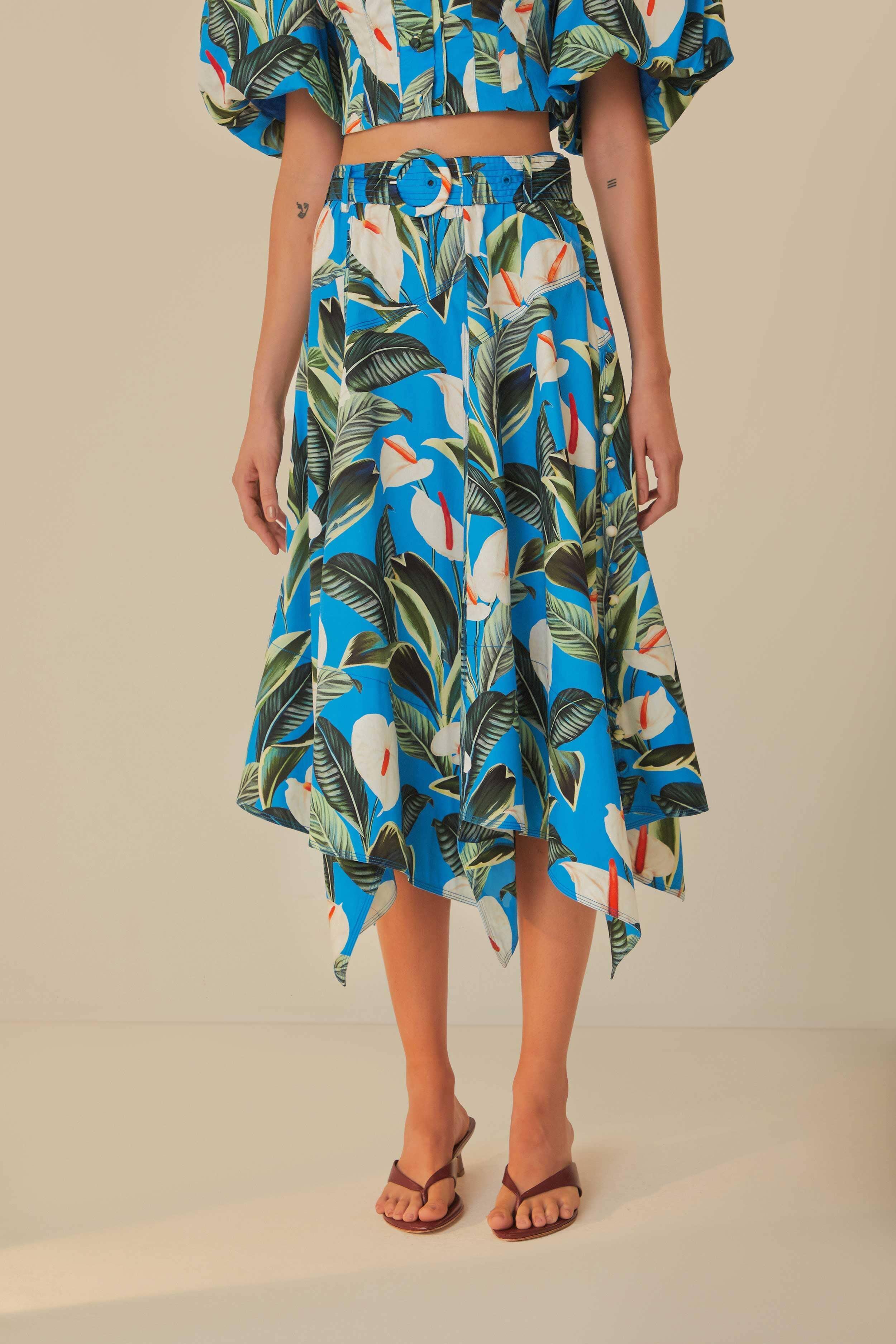 Blue Anthurium Garden Asymmetric Midi Skirt Product Image