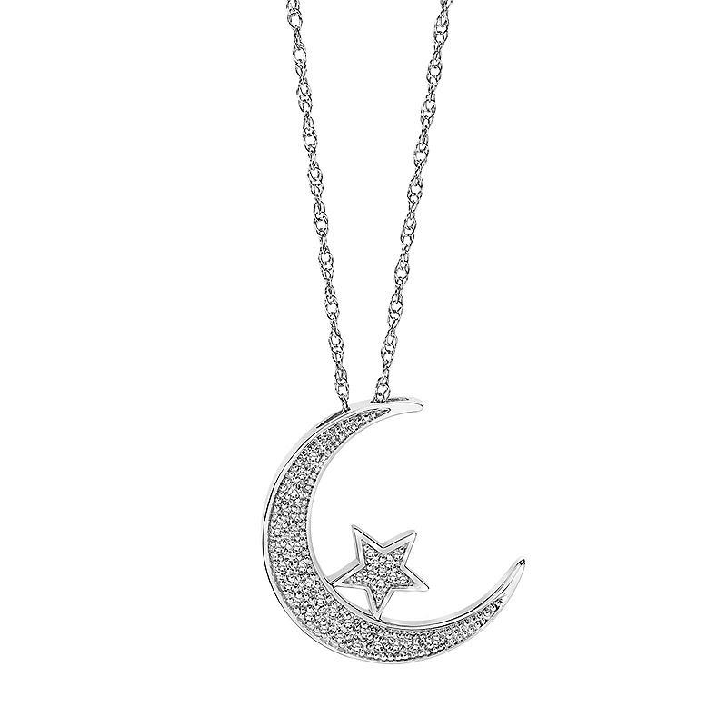 Sterling Silver 1/6 Carat T.W. Diamond Moon & Star Pendant Necklace, Womens Product Image