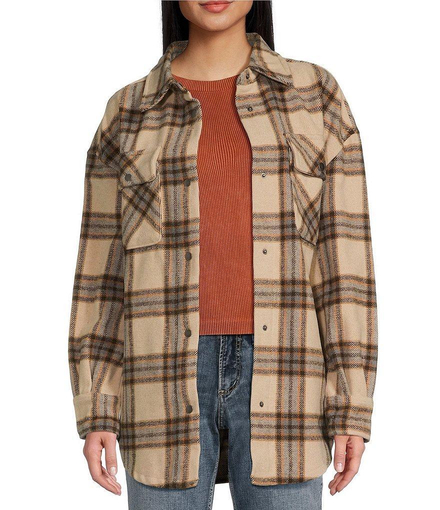 Fornia Long Sleeve Oversized Boyfriend Plaid Shacket Jacket Product Image