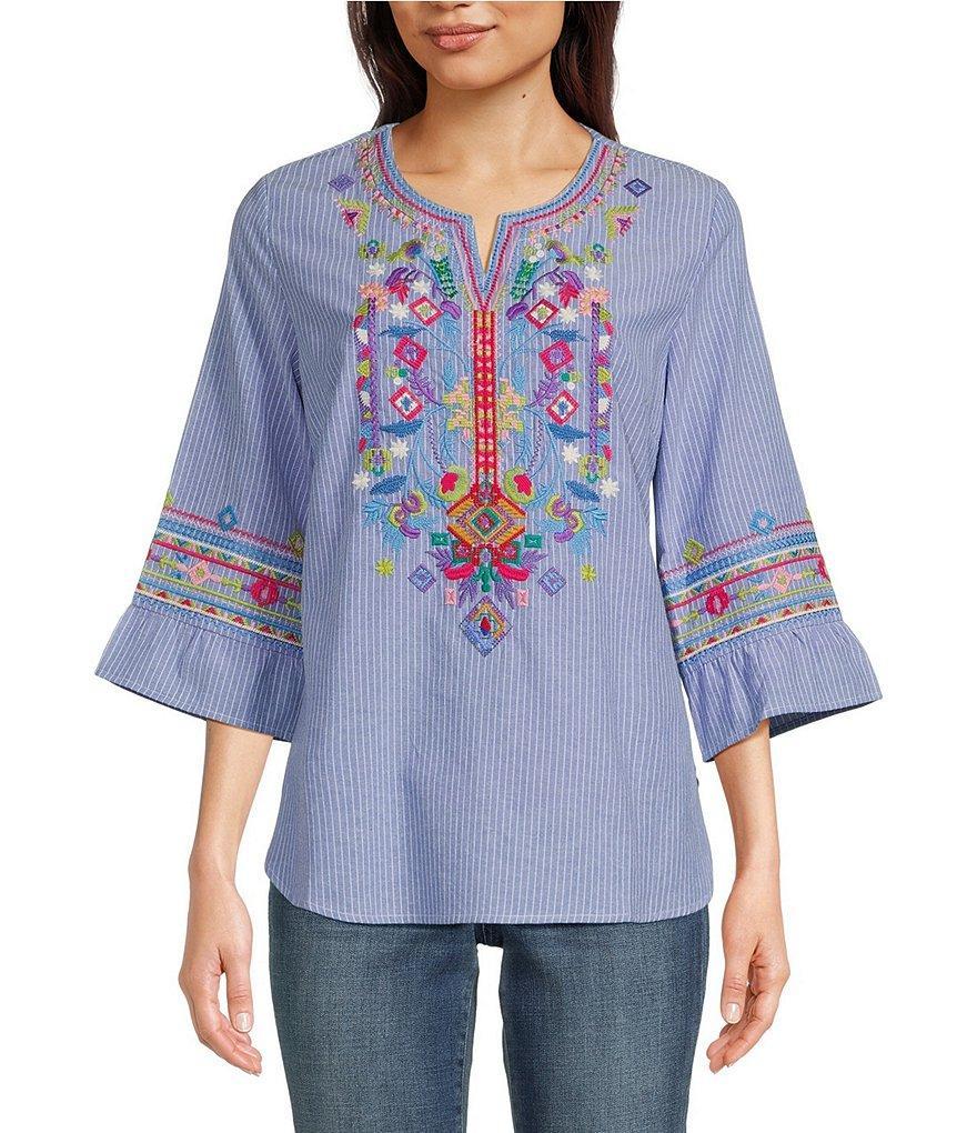 Calessa Petite Size Woven Embroidered Split Round Neck 3/4 Ruffle Sleeve Tunic Product Image