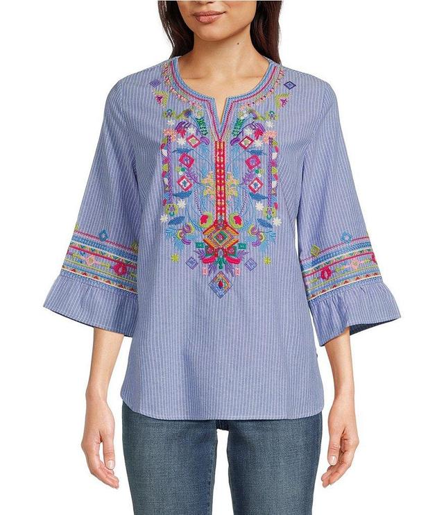 Calessa Petite Size Woven Embroidered Split Round Neck 3/4 Ruffle Sleeve Tunic Product Image