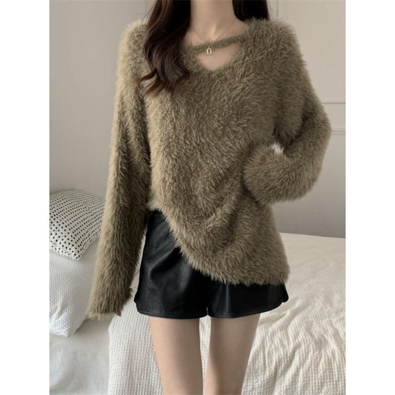 V-Neck Plain Fluffy Sweater Product Image