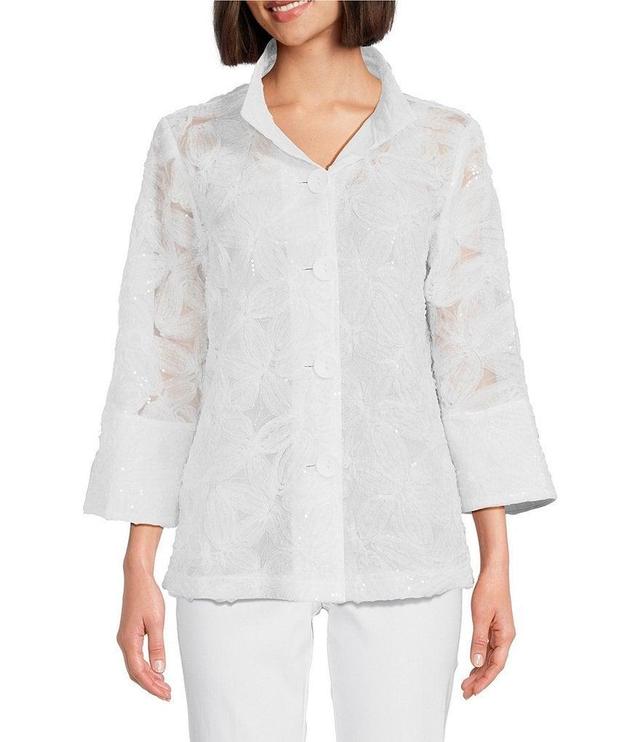 Ali Miles Floral Embroidered Wire Collar 3/4 Bell Sleeve Button-Front Jacket Product Image