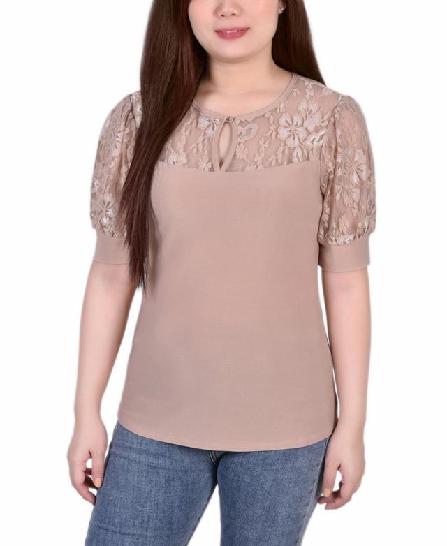 Womens Short Puff Sleeve Top with Lace Sleeves and Yoke Product Image